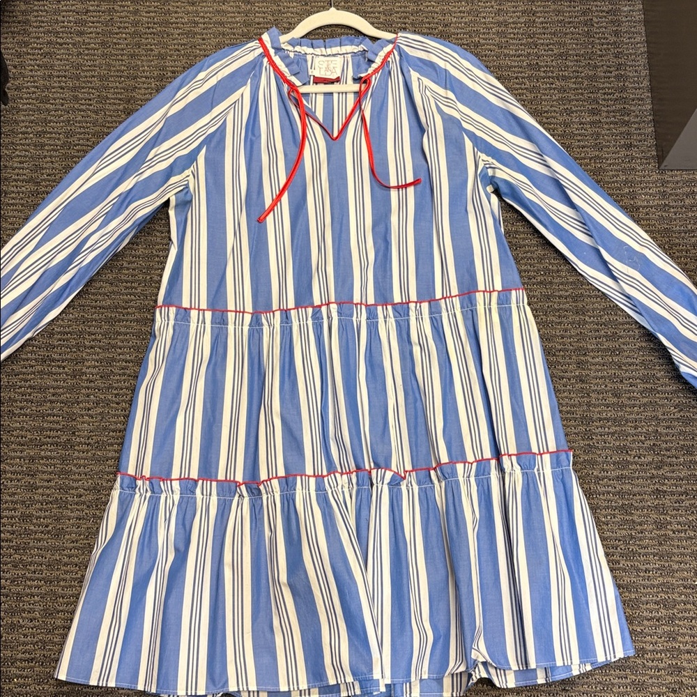 Blue and White Striped Dress with Red Accents